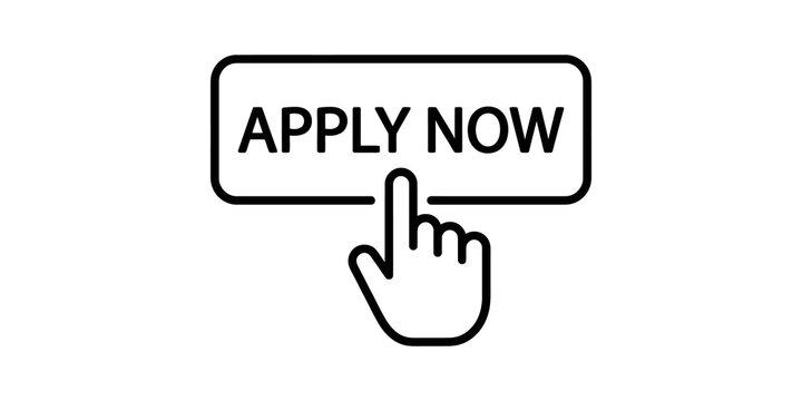 Black outline apply now button with a clicking hand cursor indicates prompt action for online applications and forms.