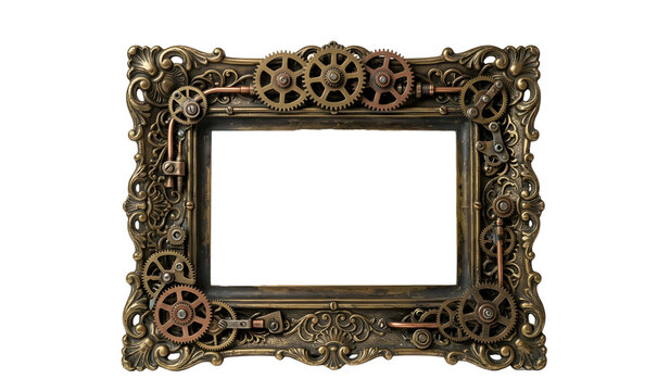 Ornate Victorian gold frame featuring intricate steampunk gears and mechanical pipe details.