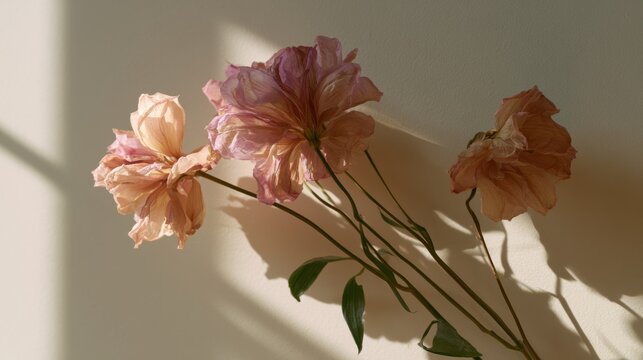 Three pink flowers in a vase on a white wall. the flowers are in full bloom, with their petals open wide and their stems and leaves visible.