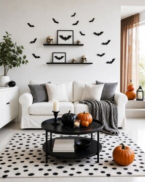 Modern living room decorated with bats, pumpkins and black Halloween accents
