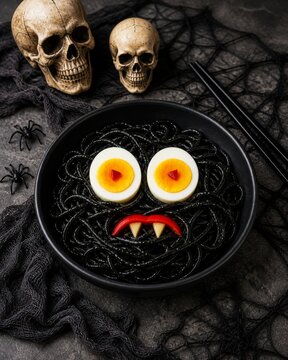Black spaghetti monster face with egg eyes, fangs, skulls and spider decorations