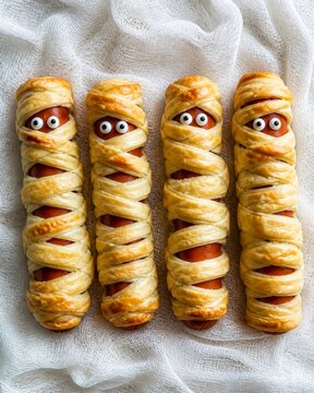 Mummy hot dogs wrapped in pastry with edible eyes for Halloween party food