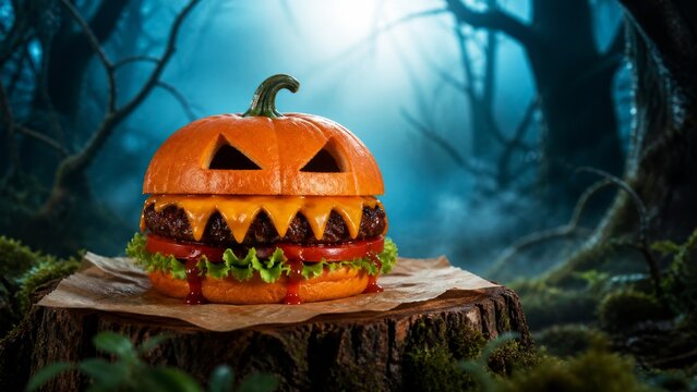Jack-o-lantern pumpkin burger with monster teeth in a dark enchanted forest