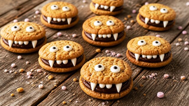 Monster sandwich cookies with candy eyes and marshmallow teeth on wooden table