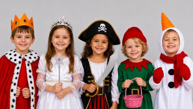 Group of children in king, princess, pirate, elf and snowman Halloween costumes