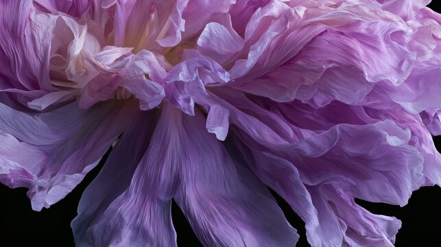 Close-up of a large, delicate flower with multiple layers of petals. the petals are a soft, pastel pink color and are arranged in a way that creates a sense of movement and depth.