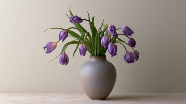 Vase with a bunch of purple tulips in it. the vase is made of a light-colored material and has a round shape with a smooth surface.
