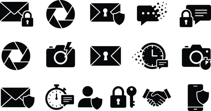Data privacy cyber security camera shutter and encrypted message vector icon set