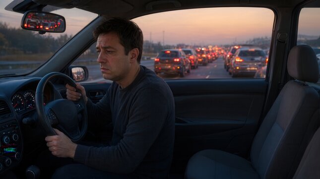 Stressed male driver sitting in car stuck in heavy evening traffic jam at sunset gripping steering wheel tired of long commute road congestion and burnout.