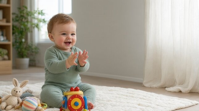 Happy baby sitting on soft rug clapping hands to music from colorful toy in sunny bright cozy nursery room representing joyful childhood development and learning milestone.
