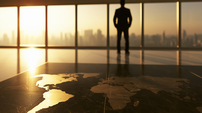 Silhouette of a businessman standing before floor-to-ceiling windows overlooking a city, with a golden world map pattern on the foreground floor.