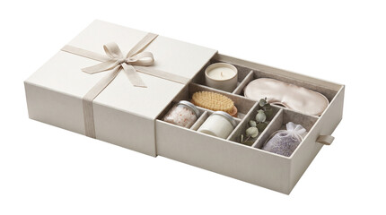 Fototapeta premium Elegant spa gift box with ribbon, luxury wellness care package for women, self care beauty set with candle and sleep mask on white background
