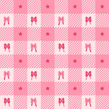 Seamless pink checkerboard pattern with wavy stripes and stars. Cute pastel coquette grid background illustration