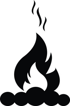 Camp-Fire Silhouette Vector Icon with Flames Smoke and Rocks for Outdoor Adventure Graphics