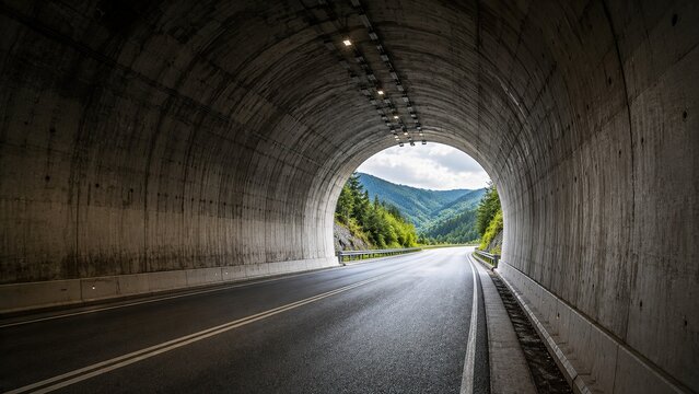 A scenic view of a highway emerging from a concrete tunnel surrounded by lush green mountains under a cloudy sky capturing the contrast between man made structures and natural beauty.
