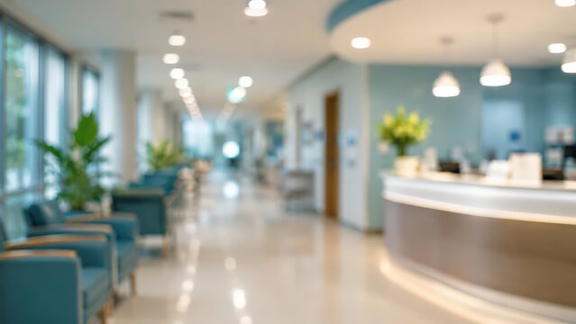 blurred background of a contemporary medical facility lobby featuring teal armchairs, curved reception desk, indoor plants, and bright glass windows.