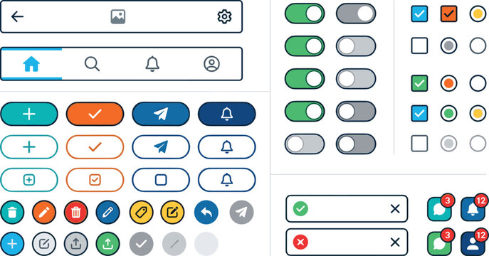 Modern user interface UI UX design element set featuring buttons toggle switches checkboxes and icons