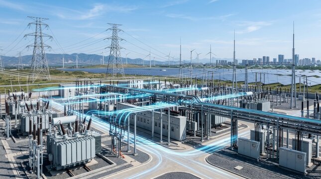 A high voltage power facility featuring renewable energy solutions with wind turbines and advanced electrical systems set against a picturesque urban skyline