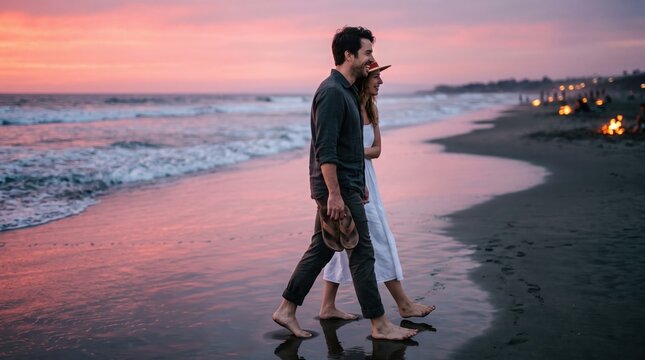 Young couple walks hand in hand along the shoreline at dusk, warm string lights glowing softly on the beach behind them.