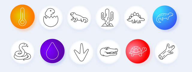 Reptiles set icon. Thermometer gauge, hatching egg, walking lizard, desert cactus, stegosaurus dino, blue salamander, coiled snake, water drop, dinosaur footprint, crocodile head, red turtle, tree © Anastasia