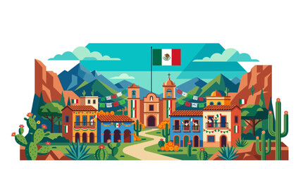 Fototapeta premium Colorful traditional village landscape with green white and red decorations flat vector illustration