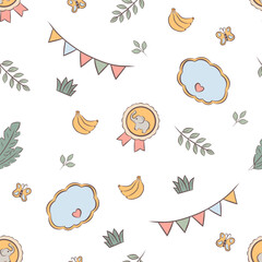 Obraz premium Vector seamless pattern baby elephant badges and decorative elements