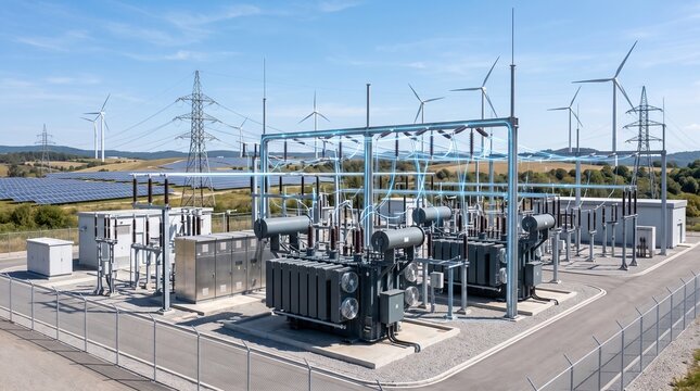Aerial perspective of a contemporary renewable energy plant showcasing solar panels wind turbines and electrical transformers emphasizing the synergy of sustainable technology in energy generation