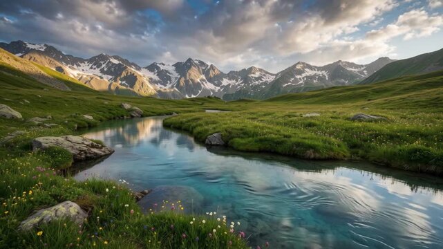 A serene alpine landscape with a crystal clear river flowing through a lush green valley beneath snowcapped mountain peaks