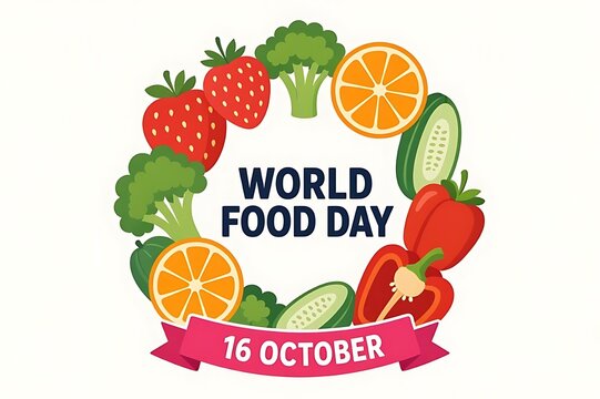 World Food Day vector wreath design with fresh fruits and organic vegetables circle