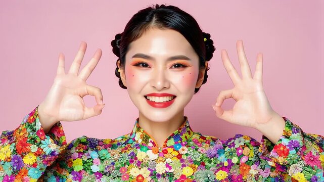 smiling young Asian woman showing double OK sign gesture with hands against pink background