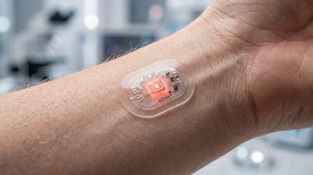 Implantable microchip with glowing red circuitry adhered to a person's forearm in a medical setting