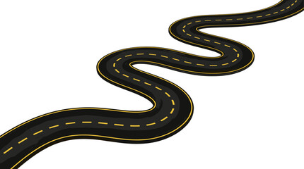 Obraz premium Curved Winding Asphalt Road Vector Illustration with Perspective Highway and Dashed Lane Markings Isolated on White Background
