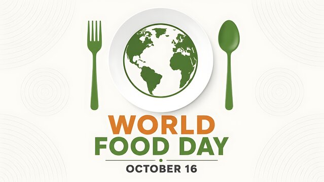 Eco friendly World Food Day design with green world map plate spoon and fork