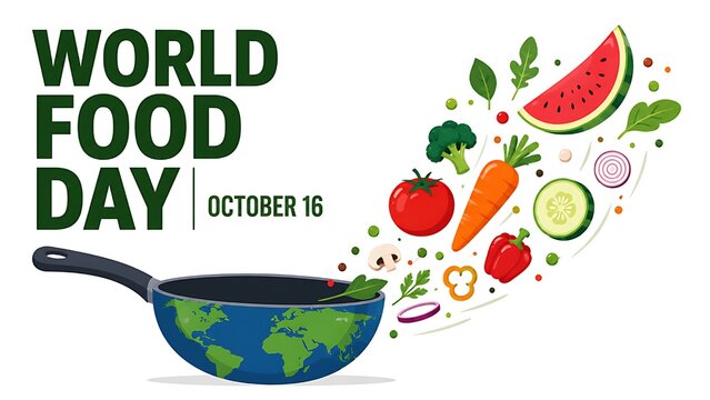 World Food Day banner with flying fresh vegetables and flying pan featuring world map pattern