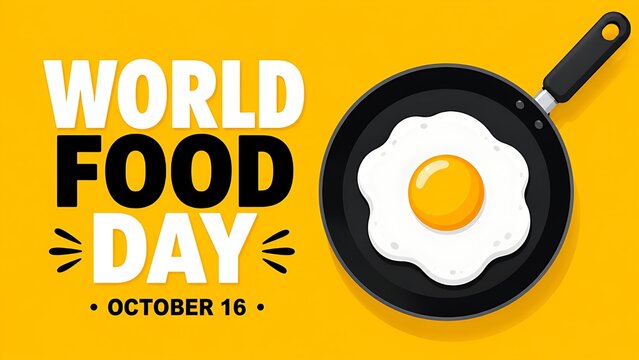 World Food Day flat vector banner with fried egg in a frying pan on yellow background