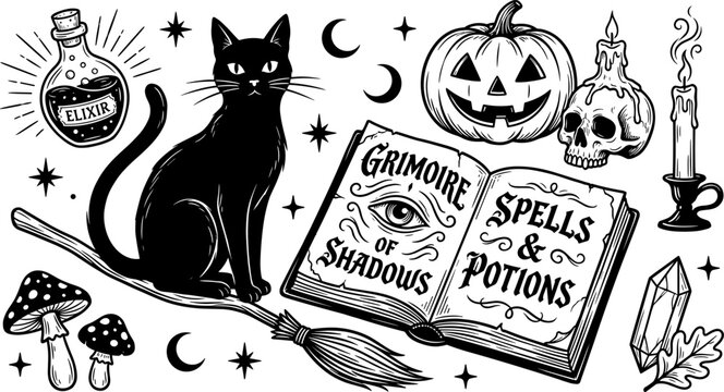 Hand drawn black and white vector magic and witchcraft doodle set featuring a black cat grimoire book jack o lantern and potion