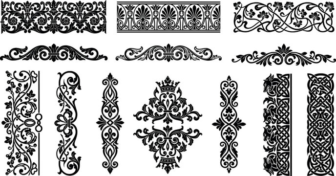 Set of vintage floral borders and decorative ornaments for design, isolated on white background