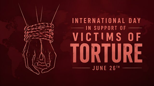 International Day in Support of Victims of Torture banner with tied hands line art and world map