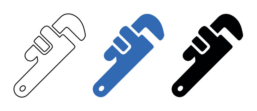 Three stylized pipe wrench icons are presented in a row, featuring outline, solid blue, and solid black variations on a clean white background