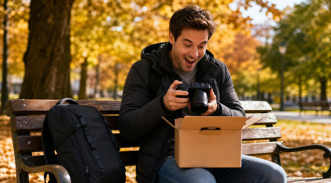 Man unboxing new digital camera on park bench during autumn