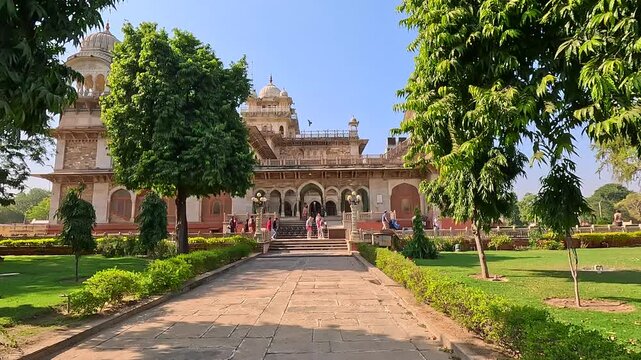 Garden Walkway Leading to Ornate Albert Hall Museum Entrance in Jaipur, Rajasthan