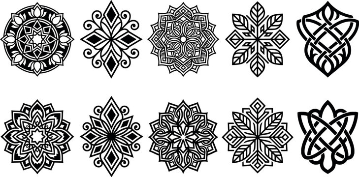 Set of geometric mandalas and ornamental knotwork patterns, black and white vector illustrations for design