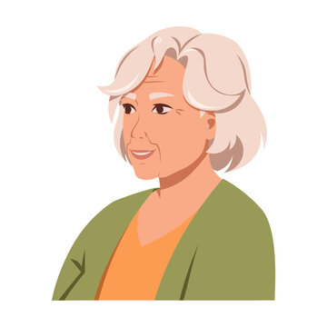 Cheerful Senior Woman with Wavy Gray Hair and Green Cardigan. Flat Style Vector Grandmother Illustration on White Background. Portrait for Wisdom Blog, Family Card, Senior Care Brochure.