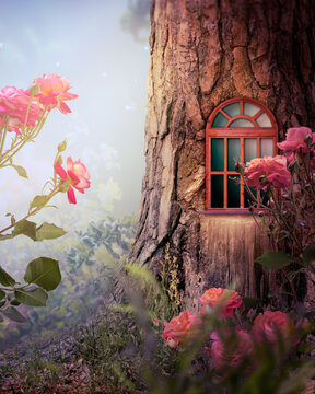 Whimsical fantasy elf or gnome cottage house in pine tree with window frame, whimsy enchanted fairy tale forest with fabulous fairytale blooming roses flower garden, mystery nature landscape.
