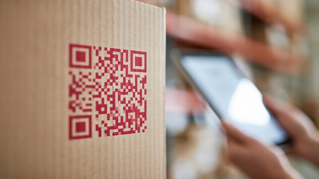 Close-up of a cardboard box with a red qr code and hands holding a smartphone scanning it for tracking
