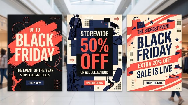 Black friday modern black friday sale promotional posters with abstract shapes and people