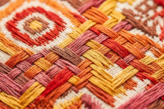 Close up of colorful handwoven textile with intricate embroidery