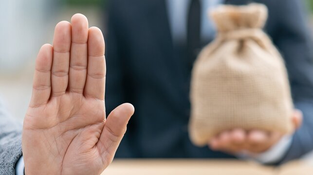 A person in a business suit rejects a bribe represented by a money bag held out towards them with an open hand gesture