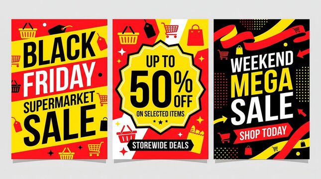 Black friday set of three black friday supermarket sale promotional posters