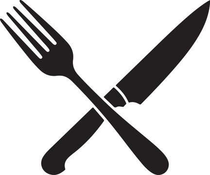 Crossed fork and knife vector icon, elegant black cutlery silhouette, restaurant and dining symbol, food service design element, kitchen utensil graphic